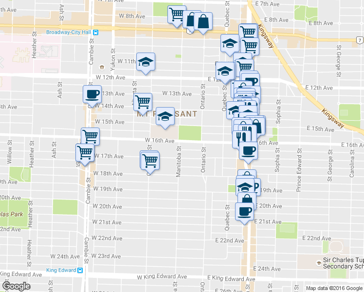 map of restaurants, bars, coffee shops, grocery stores, and more near 96 West 16th Avenue in Vancouver