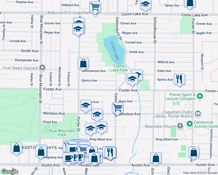 map of restaurants, bars, coffee shops, grocery stores, and more near 1211 Foster Avenue in Coquitlam
