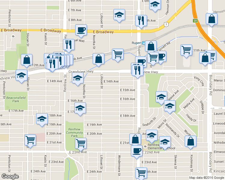 map of restaurants, bars, coffee shops, grocery stores, and more near 3161 East 15th Avenue in Vancouver