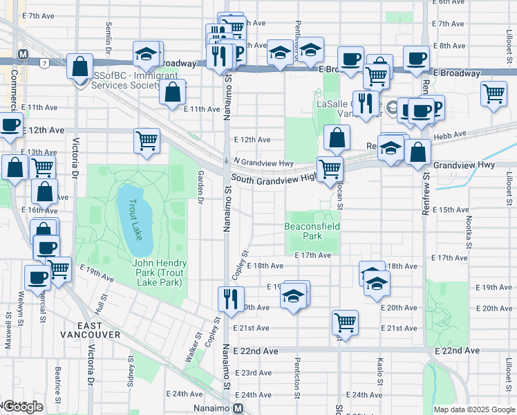 map of restaurants, bars, coffee shops, grocery stores, and more near 2522 East 15th Avenue in Vancouver