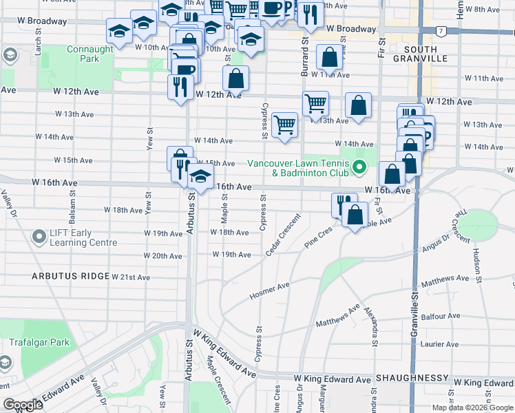 map of restaurants, bars, coffee shops, grocery stores, and more near 3315 Cypress Street in Vancouver