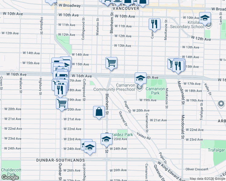 map of restaurants, bars, coffee shops, grocery stores, and more near 3369 Puget Drive in Vancouver