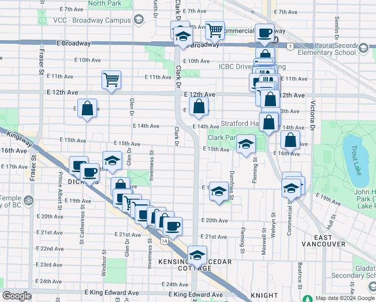 map of restaurants, bars, coffee shops, grocery stores, and more near 1346 East 15th Avenue in Vancouver