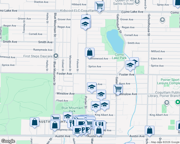 map of restaurants, bars, coffee shops, grocery stores, and more near 1087 Foster Avenue in Coquitlam