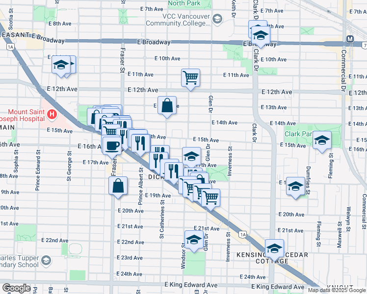 map of restaurants, bars, coffee shops, grocery stores, and more near 3131 Windsor Street in Vancouver