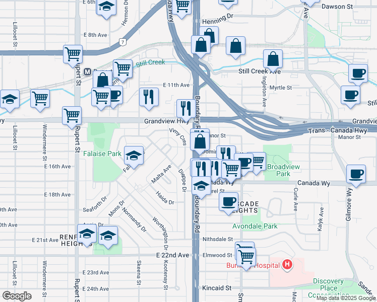 map of restaurants, bars, coffee shops, grocery stores, and more near 3216 Vimy Crescent in Vancouver