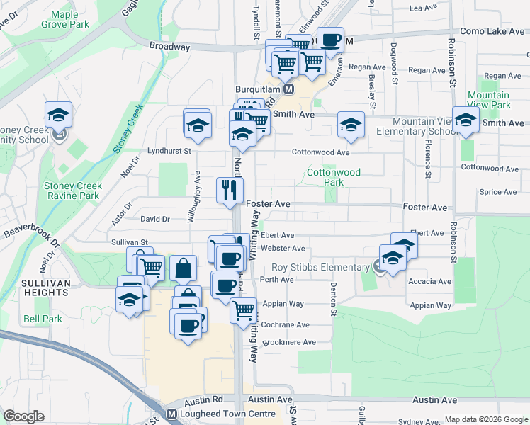 map of restaurants, bars, coffee shops, grocery stores, and more near 516 Foster Avenue in Coquitlam