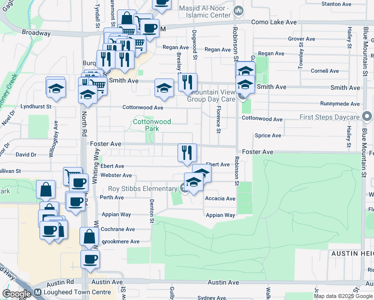 map of restaurants, bars, coffee shops, grocery stores, and more near 630 Foster Avenue in Coquitlam