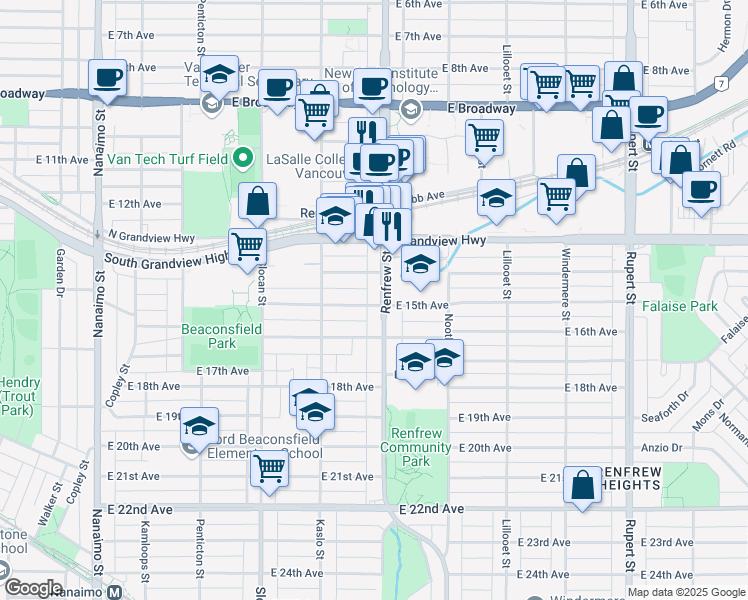 map of restaurants, bars, coffee shops, grocery stores, and more near 3091 Renfrew Street in Vancouver