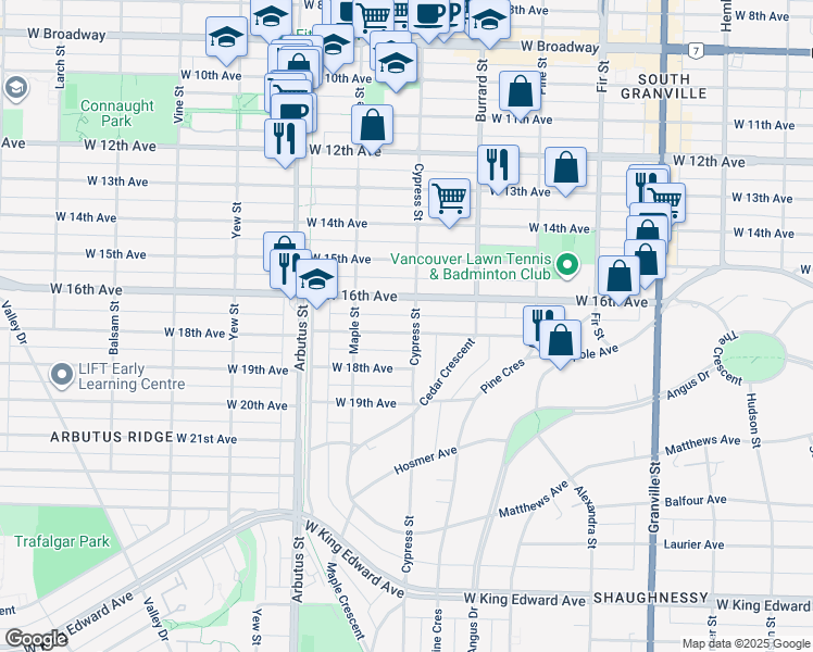 map of restaurants, bars, coffee shops, grocery stores, and more near 3315 Cypress Street in Vancouver