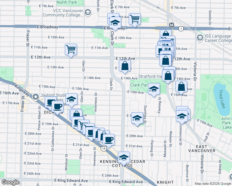 map of restaurants, bars, coffee shops, grocery stores, and more near 1336 East 15th Avenue in Vancouver