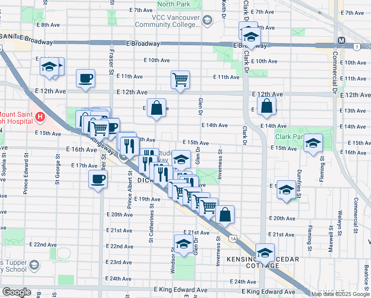map of restaurants, bars, coffee shops, grocery stores, and more near 1043 East 16th Avenue in Vancouver