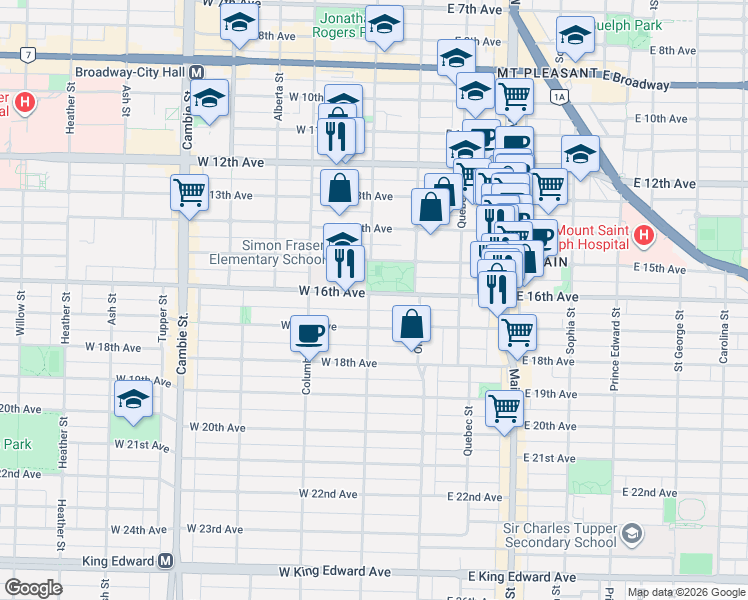 map of restaurants, bars, coffee shops, grocery stores, and more near 96 West 16th Avenue in Vancouver