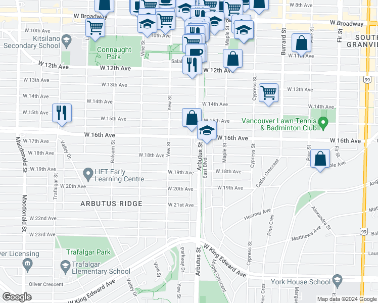 map of restaurants, bars, coffee shops, grocery stores, and more near 2115 West 18th Avenue in Vancouver