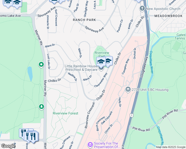 map of restaurants, bars, coffee shops, grocery stores, and more near 2885 Mara Drive in Coquitlam