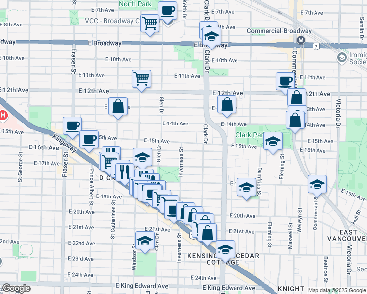 map of restaurants, bars, coffee shops, grocery stores, and more near 3188 Inverness Street in Vancouver