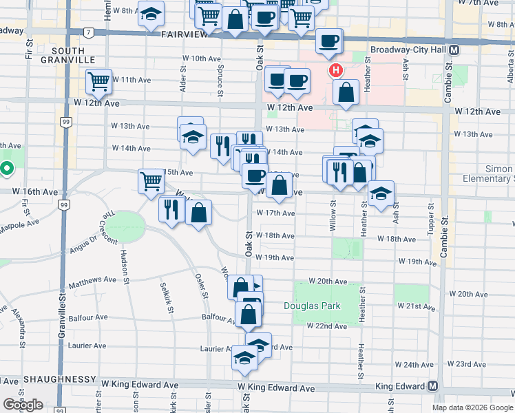 map of restaurants, bars, coffee shops, grocery stores, and more near 3264 Oak Street in Vancouver
