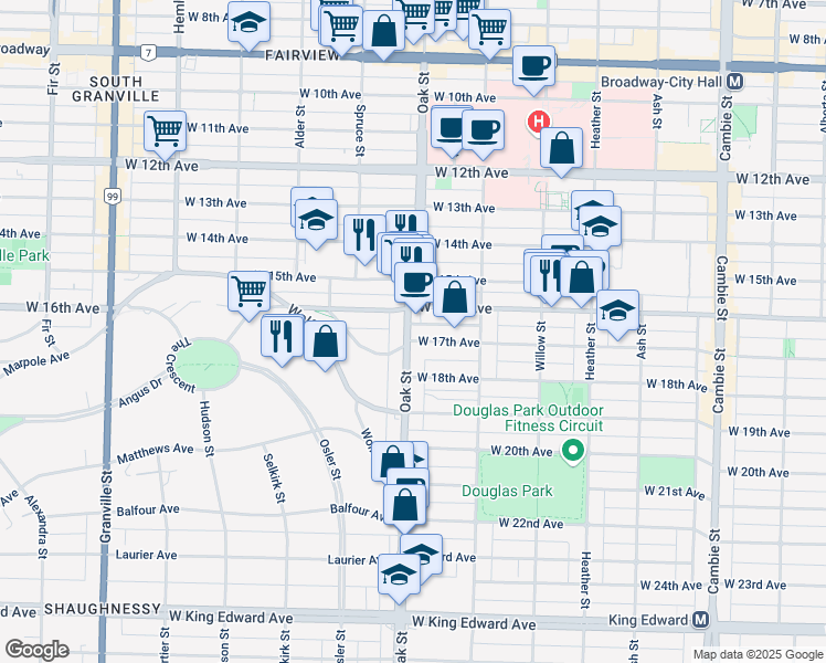 map of restaurants, bars, coffee shops, grocery stores, and more near 3264 Oak Street in Vancouver