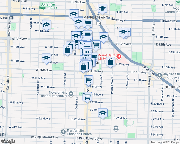 map of restaurants, bars, coffee shops, grocery stores, and more near 210 East 16th Avenue in Vancouver