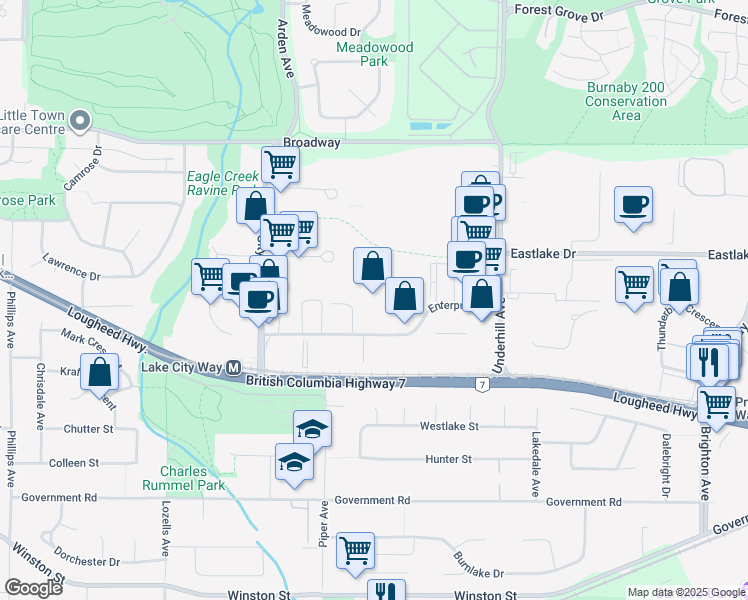 map of restaurants, bars, coffee shops, grocery stores, and more near in Burnaby