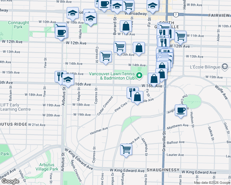 map of restaurants, bars, coffee shops, grocery stores, and more near in Vancouver