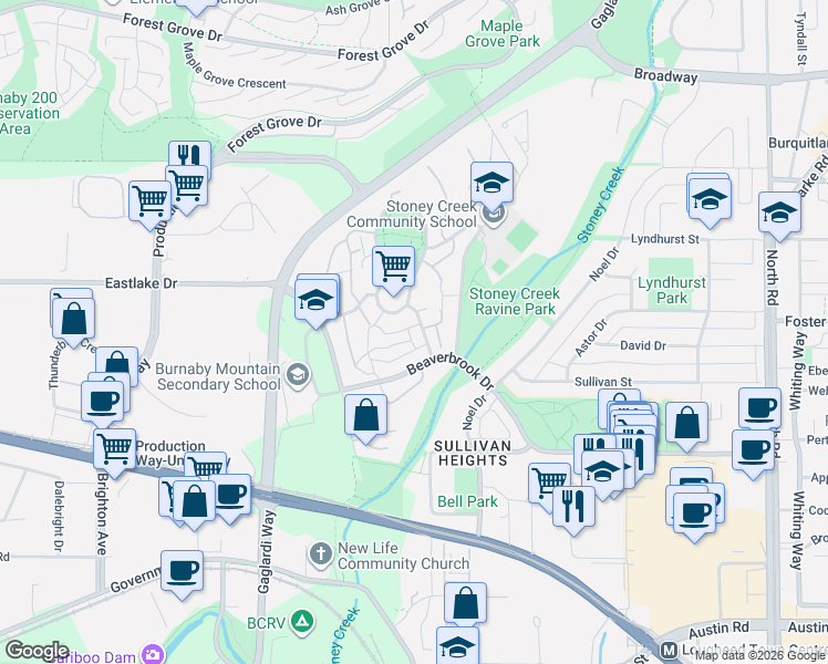 map of restaurants, bars, coffee shops, grocery stores, and more near 9044 Centaurus Circle in Burnaby