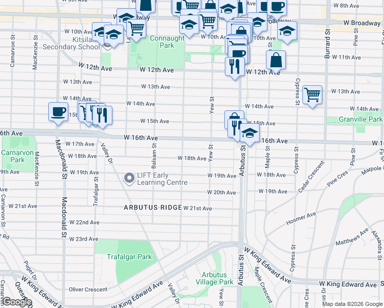 map of restaurants, bars, coffee shops, grocery stores, and more near 2265 West 18th Avenue in Vancouver