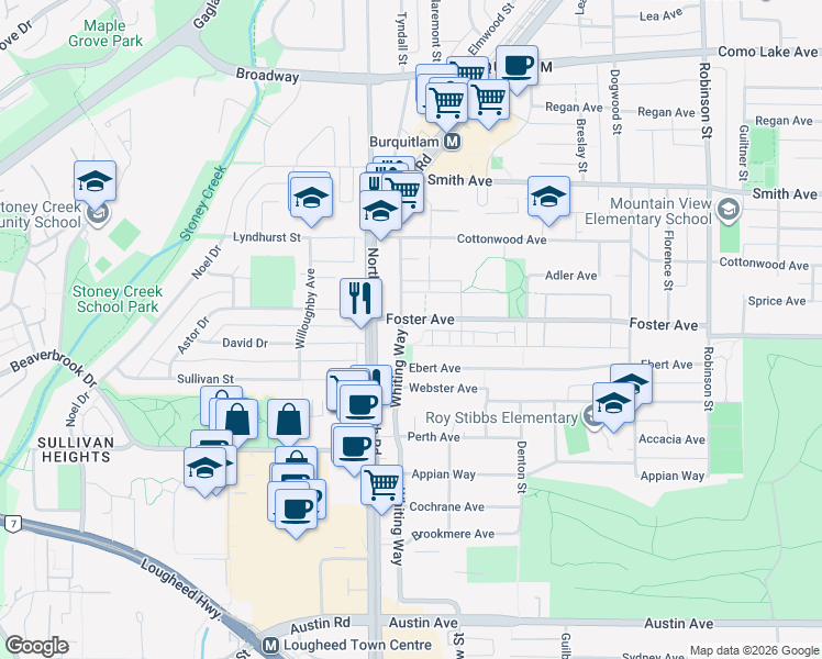 map of restaurants, bars, coffee shops, grocery stores, and more near 516 Foster Avenue in Coquitlam