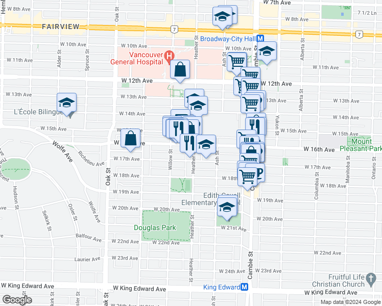 map of restaurants, bars, coffee shops, grocery stores, and more near 3263 Heather Street in Vancouver