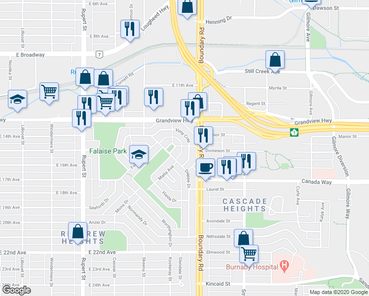 map of restaurants, bars, coffee shops, grocery stores, and more near 3207 Vimy Crescent in Vancouver