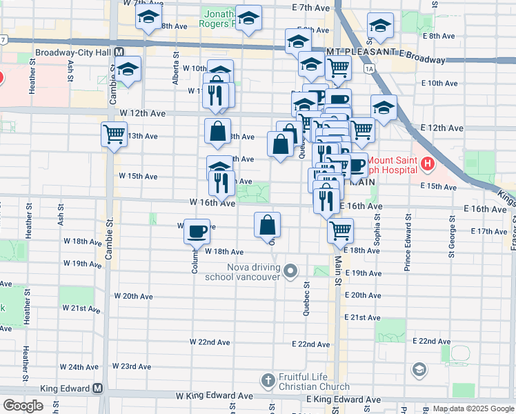 map of restaurants, bars, coffee shops, grocery stores, and more near 40 West 16th Avenue in Vancouver
