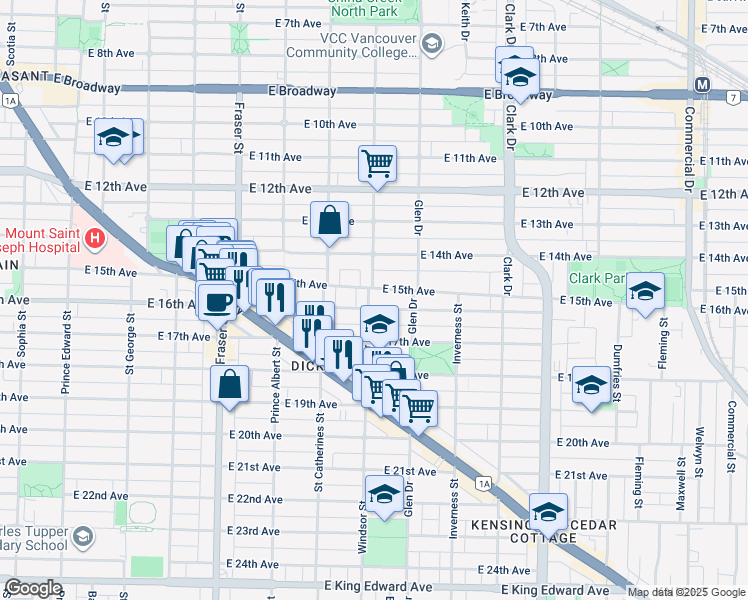 map of restaurants, bars, coffee shops, grocery stores, and more near 3118 Windsor Street in Vancouver