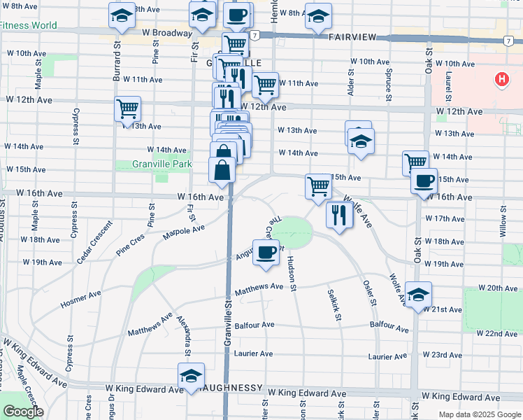 map of restaurants, bars, coffee shops, grocery stores, and more near 3333 The Crescent in Vancouver