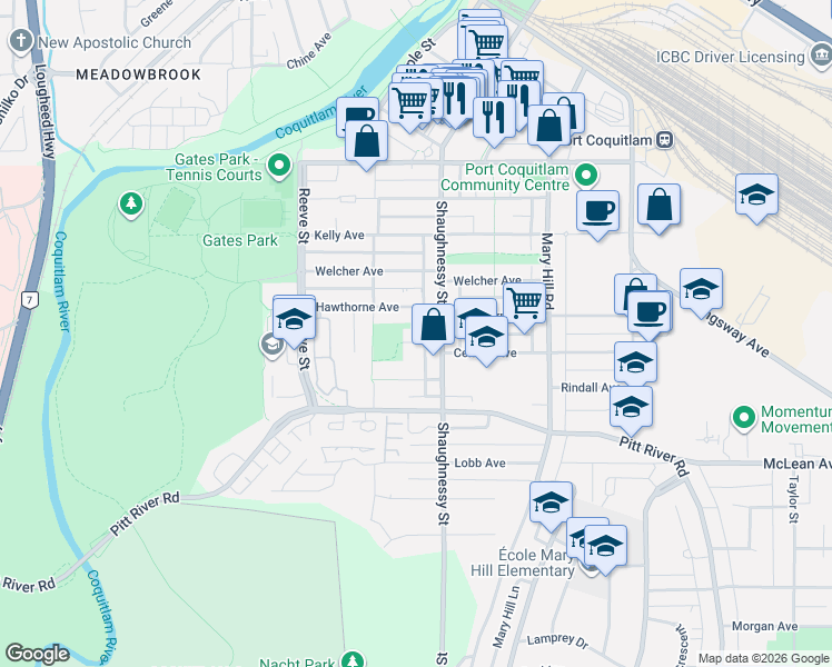 map of restaurants, bars, coffee shops, grocery stores, and more near 2345 Central Avenue in Port Coquitlam