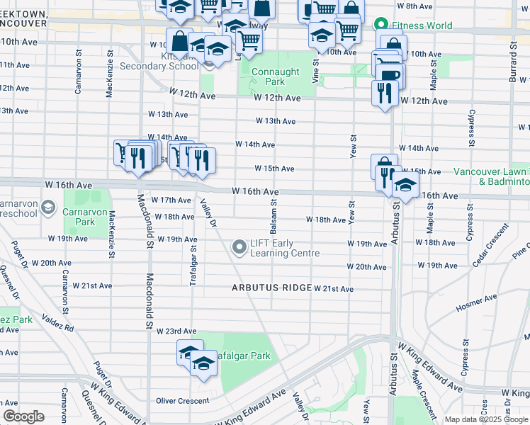 map of restaurants, bars, coffee shops, grocery stores, and more near 2407 West 18th Avenue in Vancouver