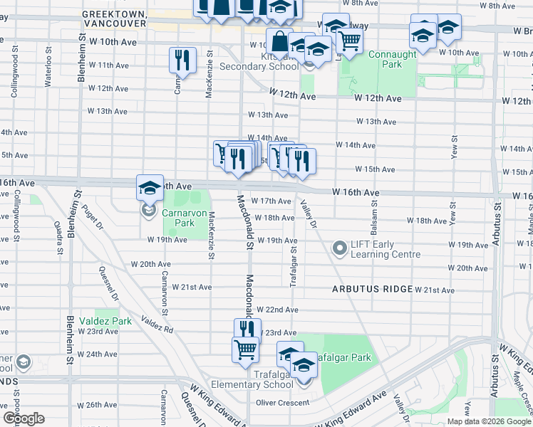 map of restaurants, bars, coffee shops, grocery stores, and more near 2763 West 18th Avenue in Vancouver