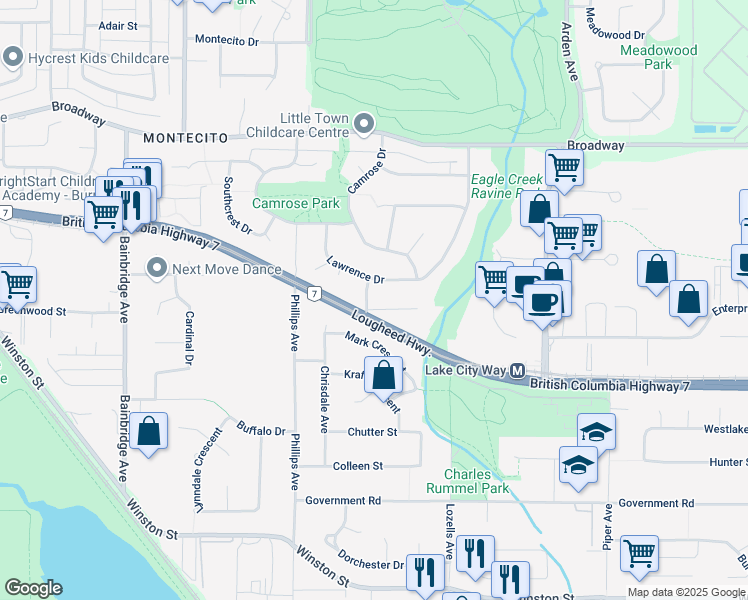 map of restaurants, bars, coffee shops, grocery stores, and more near 3060 Greenwood Place in Burnaby