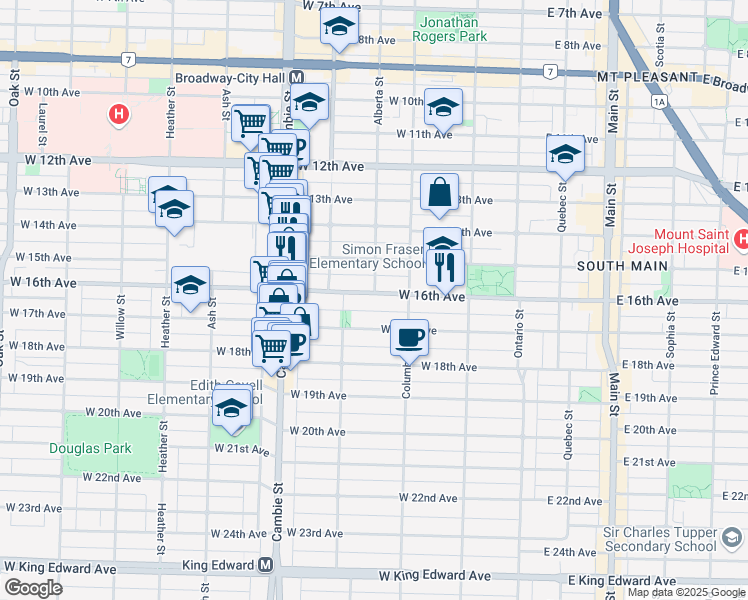 map of restaurants, bars, coffee shops, grocery stores, and more near 312 West 16th Avenue in Vancouver