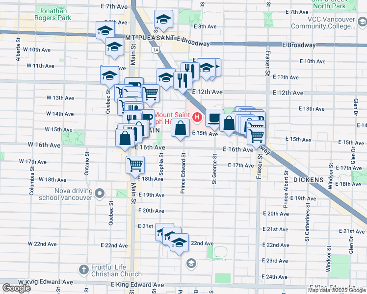 map of restaurants, bars, coffee shops, grocery stores, and more near 3187 Prince Edward Street in Vancouver
