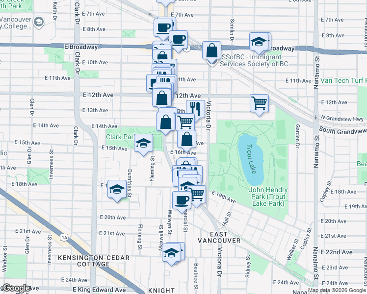 map of restaurants, bars, coffee shops, grocery stores, and more near in Vancouver