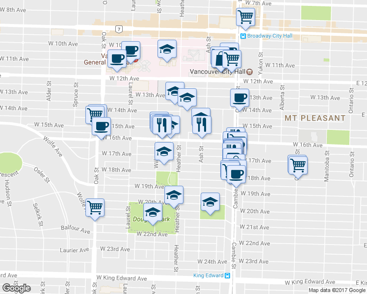 map of restaurants, bars, coffee shops, grocery stores, and more near in Vancouver