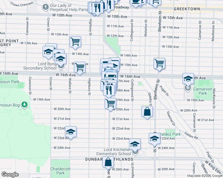 map of restaurants, bars, coffee shops, grocery stores, and more near 3595 West 18th Avenue in Vancouver