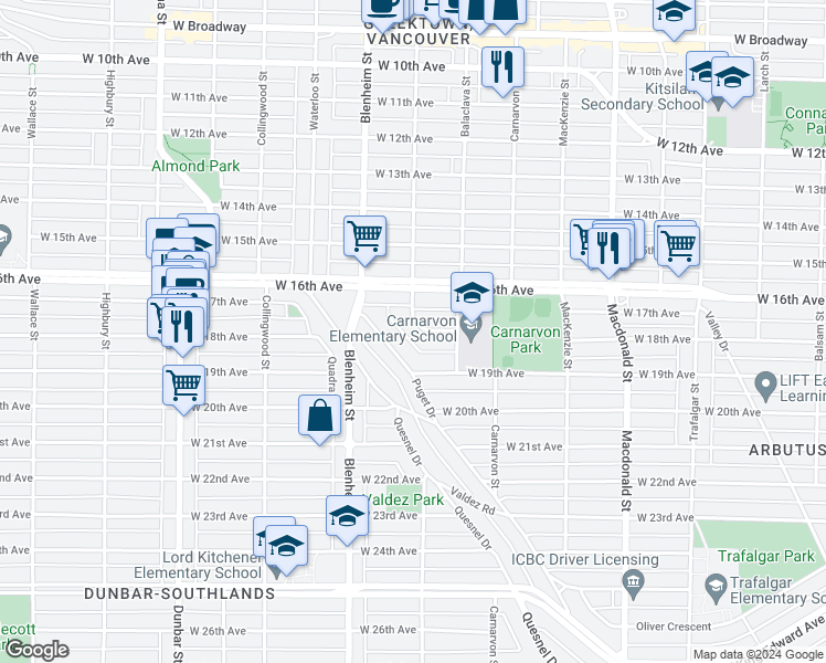 map of restaurants, bars, coffee shops, grocery stores, and more near 3347 Trutch Street in Vancouver