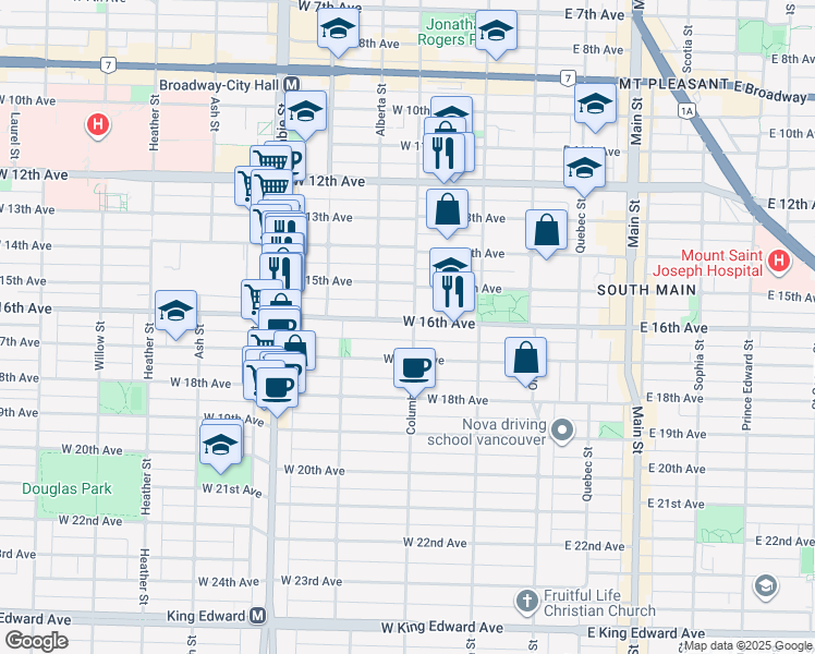 map of restaurants, bars, coffee shops, grocery stores, and more near 218 West 16th Avenue in Vancouver