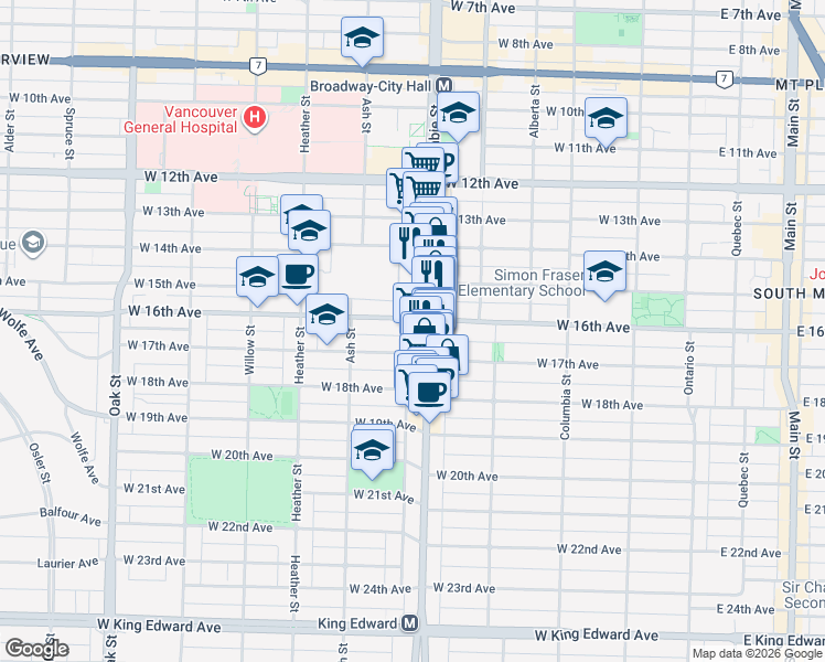 map of restaurants, bars, coffee shops, grocery stores, and more near 3228 Tupper Street in Vancouver