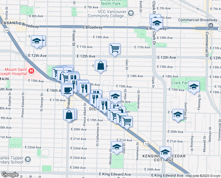 map of restaurants, bars, coffee shops, grocery stores, and more near 3131 Windsor Street in Vancouver