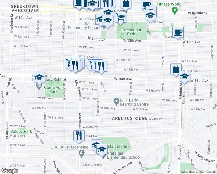 map of restaurants, bars, coffee shops, grocery stores, and more near 2545 West 18th Avenue in Vancouver