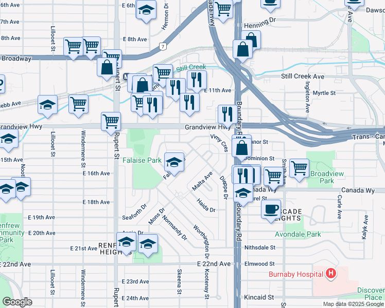 map of restaurants, bars, coffee shops, grocery stores, and more near 3588 Falaise Avenue in Vancouver