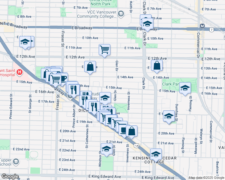 map of restaurants, bars, coffee shops, grocery stores, and more near 3133 Glen Drive in Vancouver