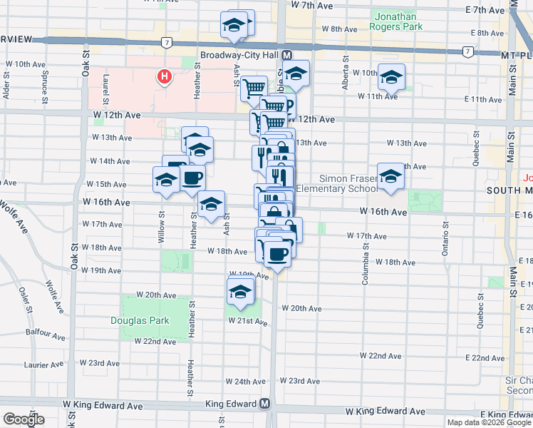 map of restaurants, bars, coffee shops, grocery stores, and more near 3228 Tupper Street in Vancouver